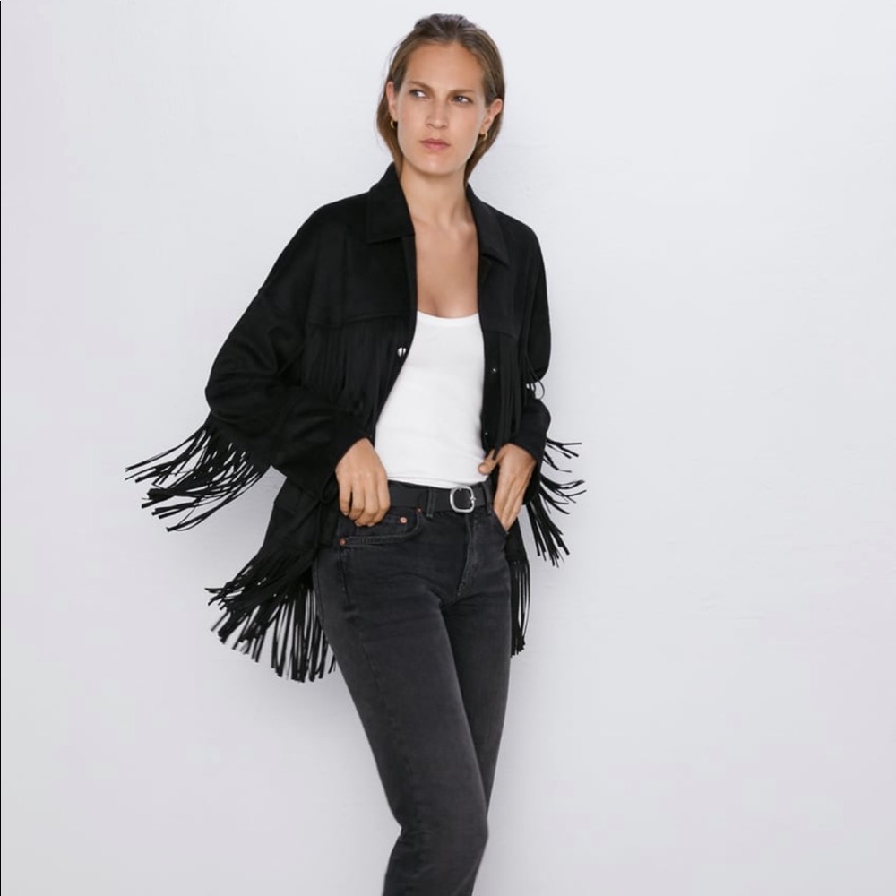 Zara black suede fringe jacket